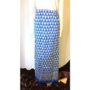 Purple Poppy silk blue and silver ikat faux wrap maxi skirt